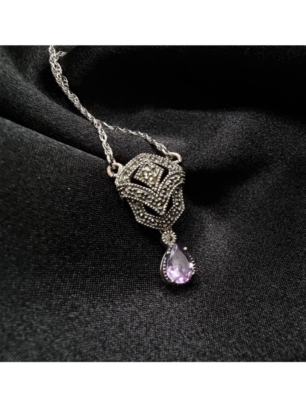 Judith Jack Sterling Silver Necklace With Marcasite & Amethyst Teardrop Pendant